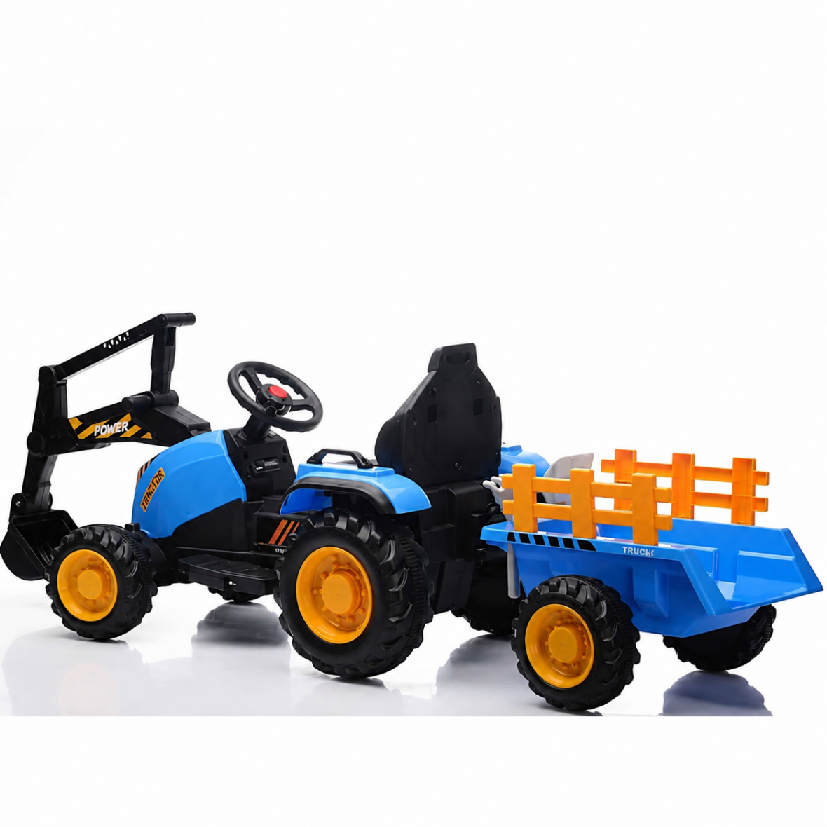 Traktor sa prikolicom i pokretnom kašikom plavi.