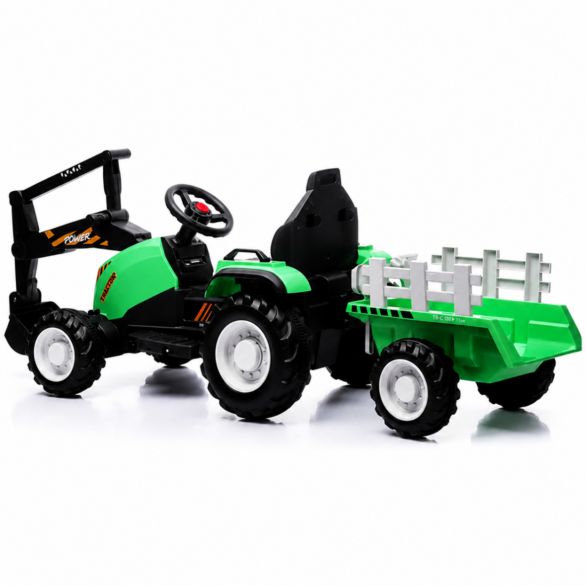 Traktor sa prikolicom i pokretnom kašikom zeleni