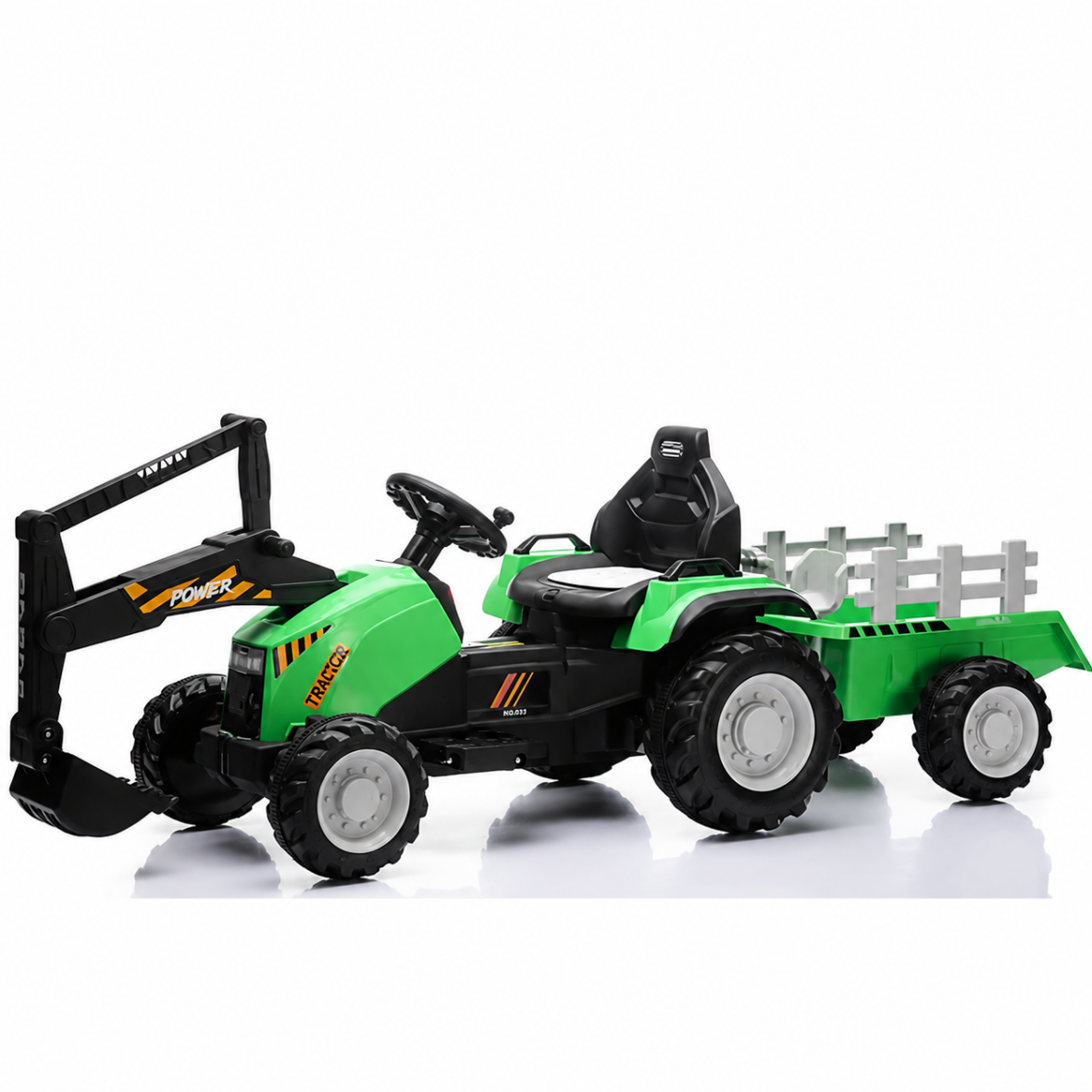 Traktor na akumulator 12V sa prikolicom i kašikom Zeleni